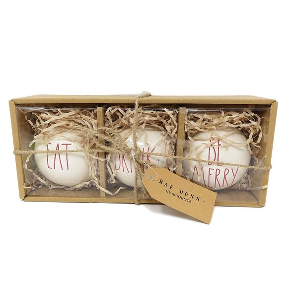 Rae Dunn EAT, DRINK, BE MERRY Ceramic Ornaments - Set of 3 - Picture 1 of 2